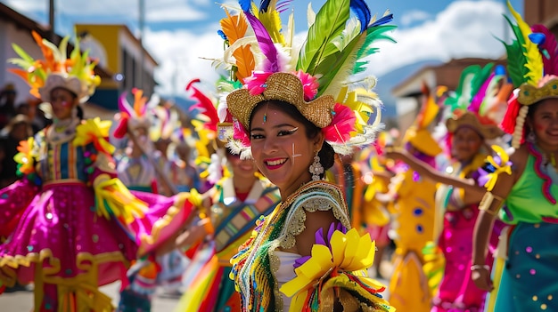 Une jeune femme vêtue d'un costume traditionnel bolivien sourit alors qu'elle danse lors d'une fête