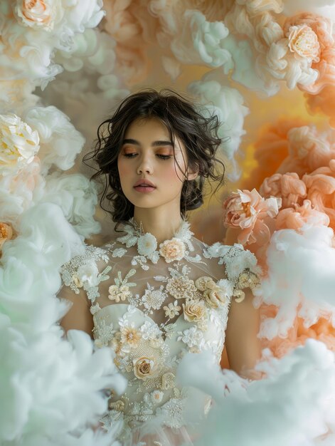 Une jeune femme vêtue de fleurs entourée de fleurs capricieuses et de nuages de rêve éthérique féminine