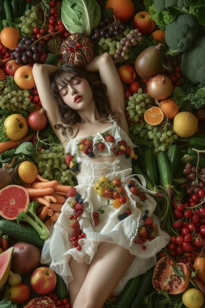 Photo une jeune femme vêtue d'une robe est allongée parmi des légumes et des fruits concept de nourriture végétarienne ai générative