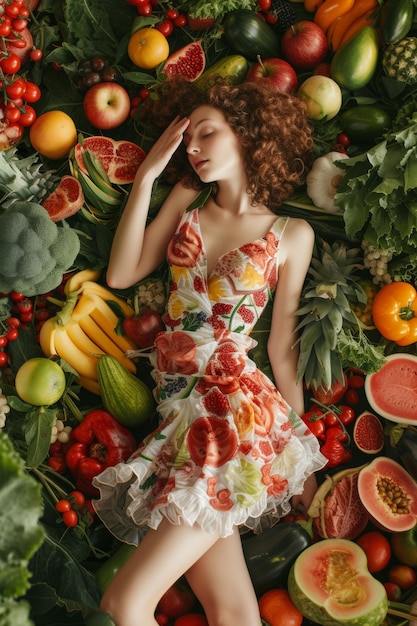 Une jeune femme vêtue d'une robe est allongée parmi des légumes et des fruits Concept de nourriture végétarienne AI générative