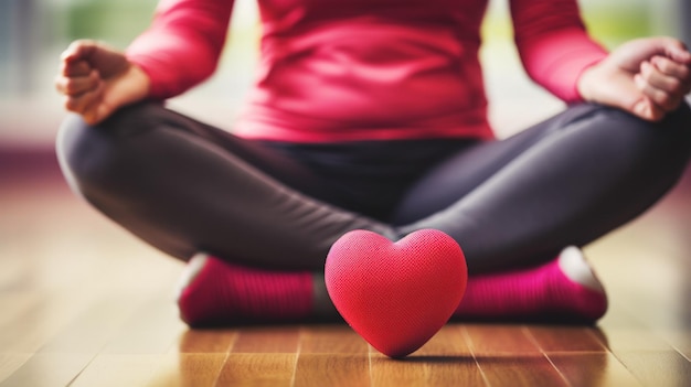 Une jeune femme vêtue de sport en pose de yoga avec un symbole de cœur devant elle