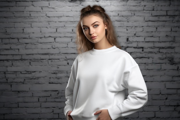 Une jeune femme vêtue d'un sweat-shirt blanc se tient devant un mur de briques.