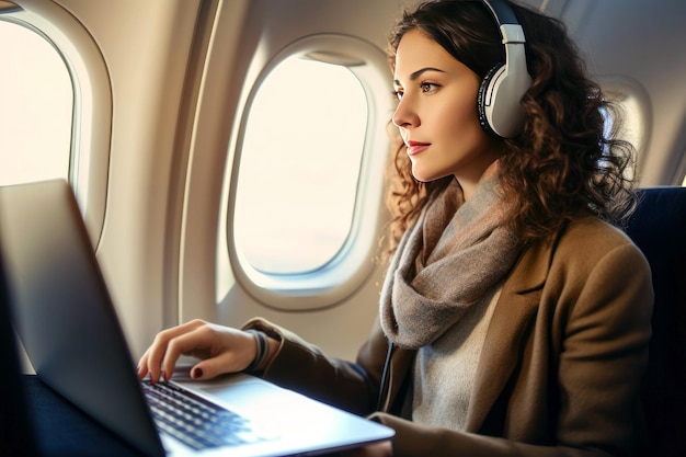 Une jeune femme voyage en avion portant des écouteurs avec un ordinateur portable