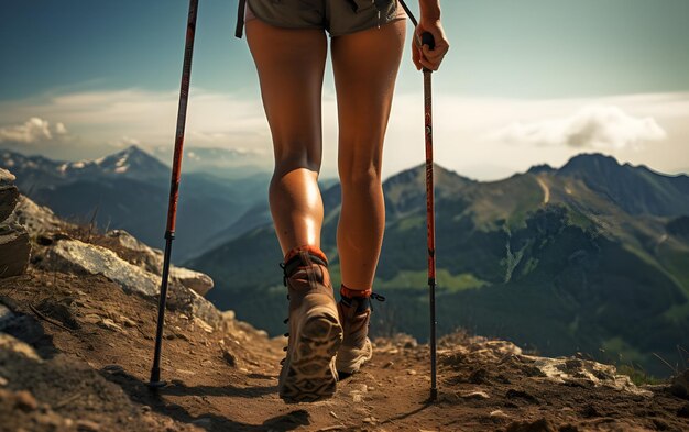 Photo une jeune femme voyage avec de la randonnée et de l'escalade ia générative