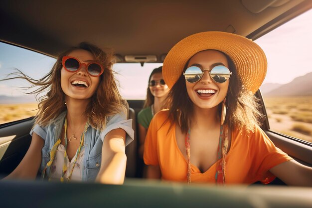 une jeune femme voyageant en voiture avec ses amis