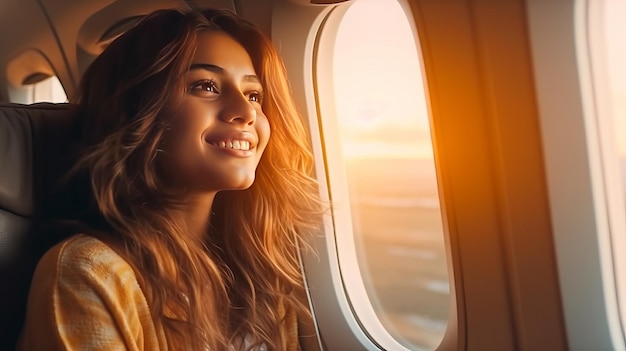 Jeune femme voyageur regardant la fenêtre de l'avion avec bonheur et détente