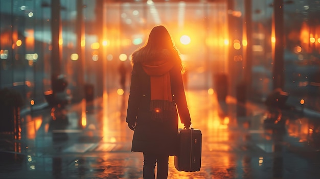 Jeune femme voyageuse marchant avec une valise à l'arrêt de transport moderne à l'extérieur