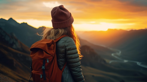 Une jeune femme voyageuse prend une photo avec son smartphone sur la mer de brume et le lever du soleil au-dessus de la montagne