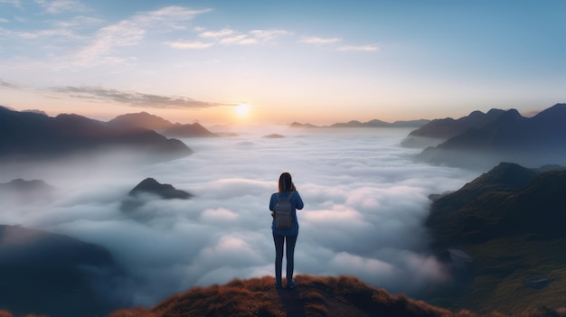 Une jeune femme voyageuse prend une photo avec son smartphone sur la mer de brume et le lever du soleil au-dessus de la montagne