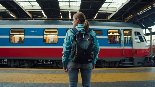 Une jeune femme voyageuse avec un sac à dos attend le train sur la plate-forme de la gare