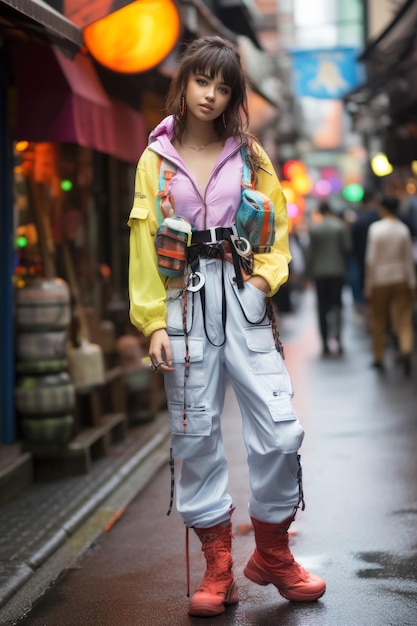 Photo une jeune femme voyageuse se promène dans la rue takeshita à harajuku, le centre dynamique de la mode jeunesse de tokyo.