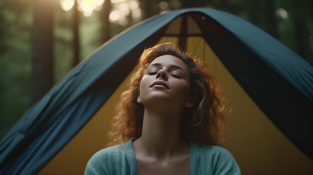 Photo une jeune femme avec les yeux fermés respirant de l'air frais tout en campant dans les bois génère de l'ia