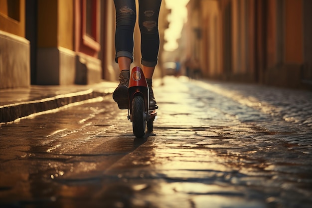 Une jeune femme zoome sur un scooter électrique adoptant le transport écologique pour naviguer dans les rues urbaines