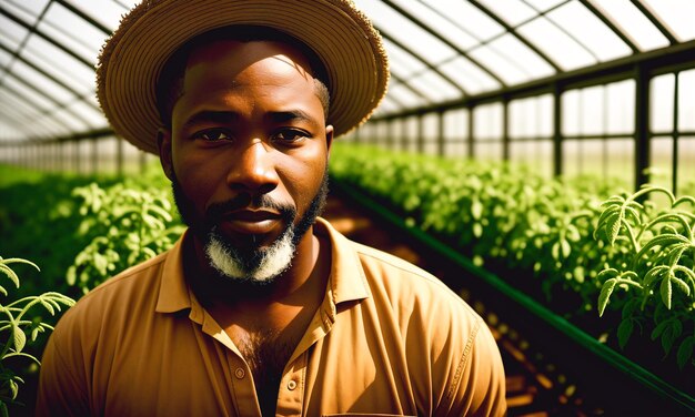 Photo un jeune fermier afro-américain travaille dans une serre.