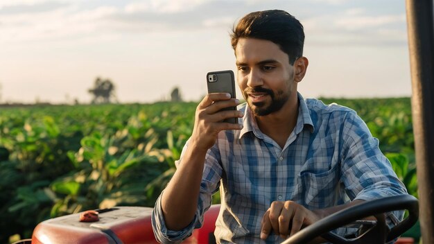 Photo un jeune fermier indien assis sur un tracteur et parlant sur un smartphone dans le champ