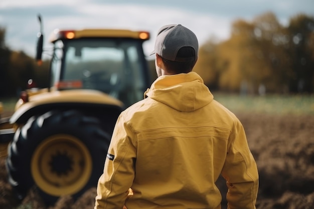 Jeune fermier près d'un tracteur dans une ferme rurale vu de derrière dans un environnement agricole