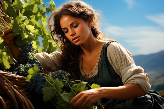 Une jeune fermière récolte des raisins.