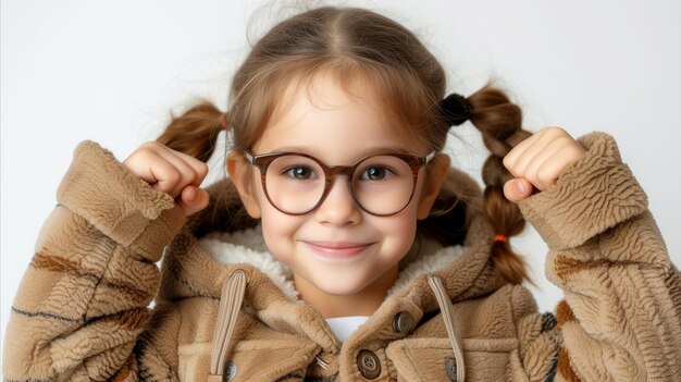 Photo une jeune fille adorable et souriante portant des lunettes et un manteau chaud