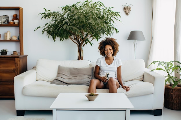 une jeune fille africaine est assise sur un canapé blanc sur fond de mur blanc et d'un grand arbre