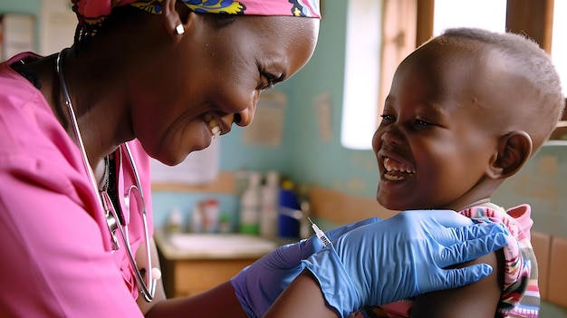 Une jeune fille africaine reçoit un vaccin d'un médecin souriant.
