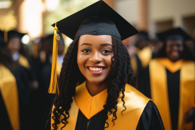 Une jeune fille afro-américaine heureuse fête sa remise des diplômes.