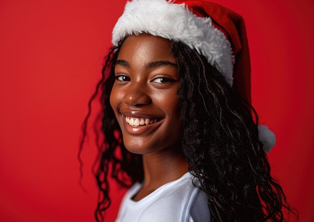 Une jeune fille afro-américaine heureuse portant un chapeau de Père Noël en arrière-plan de Noël