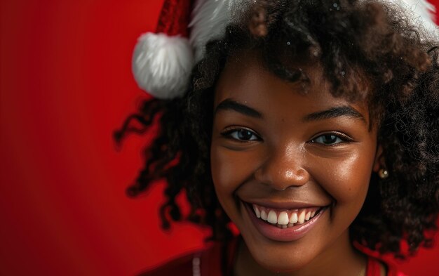 Une jeune fille afro-américaine heureuse portant un chapeau de Père Noël en arrière-plan de Noël