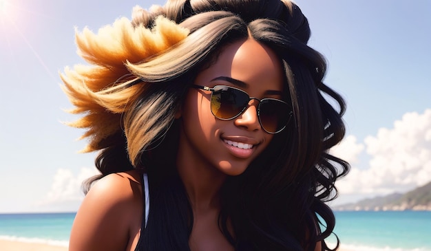 Jeune fille afro-américaine à lunettes de soleil Portrait de femme noire avec un sourire heureux par temps ensoleillé Generative AI