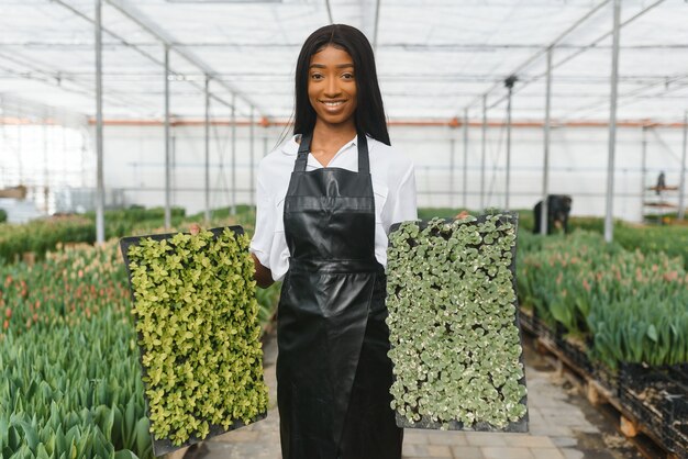 Jeune fille afro-américaine, ouvrière avec des fleurs en serre.