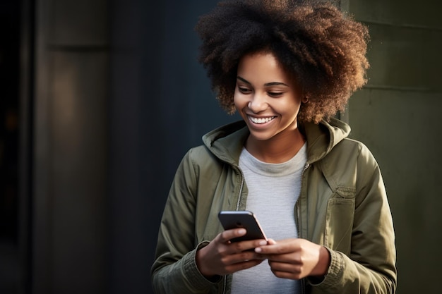 Une jeune fille afro-américaine avec un smartphone Illustration AI Generative