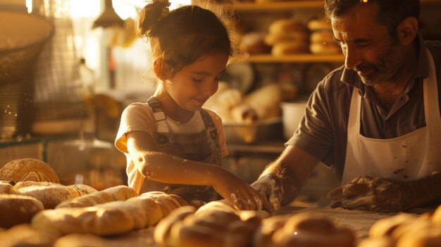 Photo une jeune fille aide son père dans la boulangerie familiale ses petites mains façonnant délicatement la pâte en