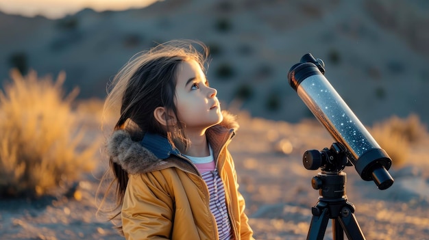 Une jeune fille d'Amérique du Sud avec une expression curieuse et un télescope regarde les étoiles dans le désert d'Atacama au Chili