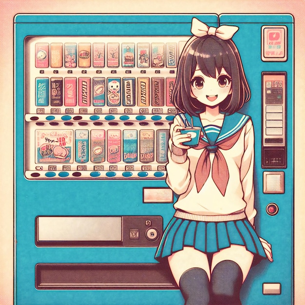 Une jeune fille d'anime joyeuse dégustant une boisson à partir d'une illustration de distributeur automatique