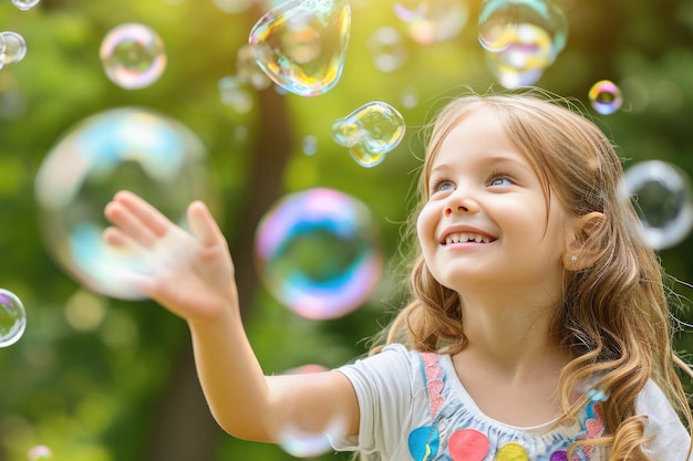 Une jeune fille apprécie un moment de jeu en interagissant avec des bulles