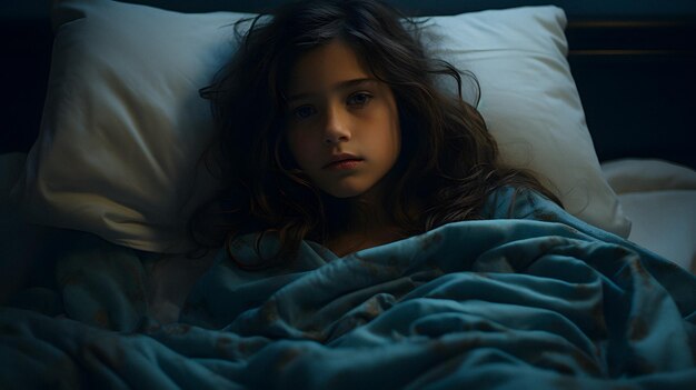 Une jeune fille arrafée allongée dans un lit avec une couverture bleue et un oreiller blanc.