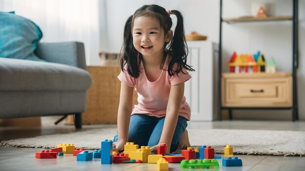 Photo une jeune fille asiatique agenouillée sur le sol à la maison et jouant avec des blocs de construction colorés