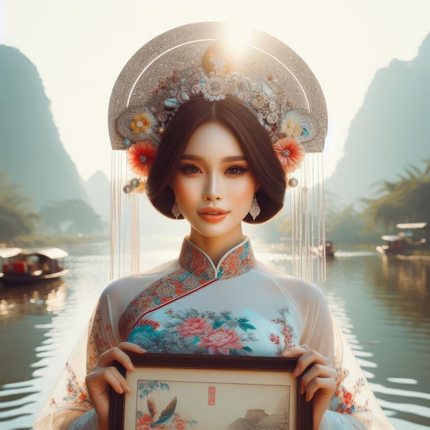 Jeune fille asiatique avec une robe aodai de vêtements traditionnels vietnamiens tenant une pancarte vierge avec IA générative