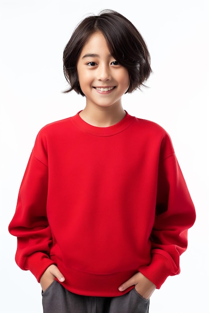 une jeune fille asiatique en sweat-shirt rouge posant pour une photo