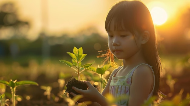 Une jeune fille asiatique tenant une jeune plante à planter au coucher du soleil en arrière-plan pour le concept de la Journée mondiale de l'environnement