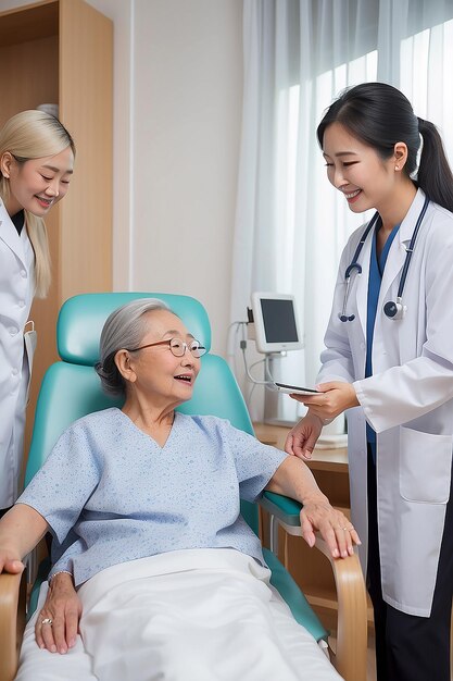 Une jeune fille asiatique visite une femme âgée, une mère patiente à l'hôpital pour soutenir et motiver les soins de santé et le concept médical.