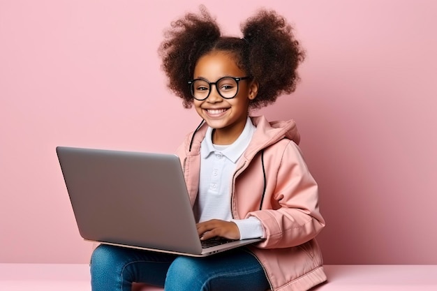Photo jeune fille assise à l'aide d'un ordinateur portable avec des expressions et des gestes main pointant vers la droite ou la gauche