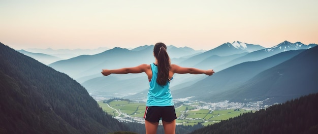 Une jeune fille athlétique en bonne santé et joyeuse regarde au loin à l'aube, étendant ses bras sur les côtés