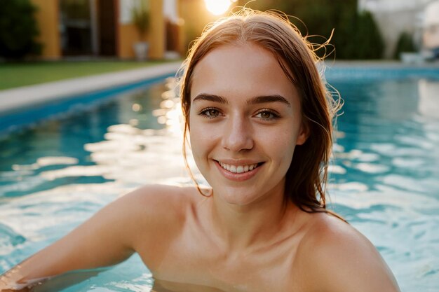 Une jeune fille attrayante aux cheveux longs nage dans sa piscine.