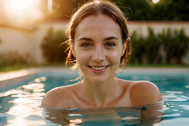 Une jeune fille attrayante aux cheveux longs nage dans sa piscine.