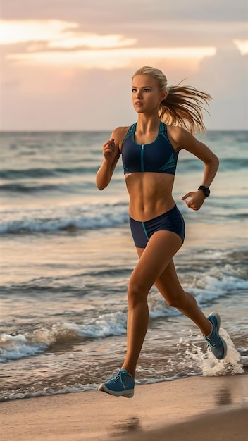 Une jeune fille attrayante qui fait du jogging au bord de la mer.