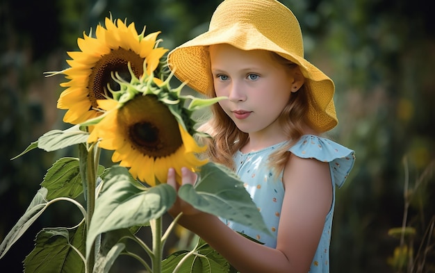 Une jeune fille au chapeau jaune tient un tournesol