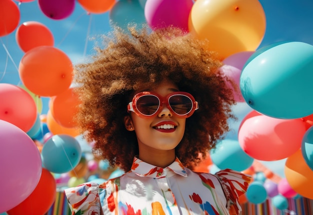 une jeune fille aux cheveux afro avec des lunettes et des ballons