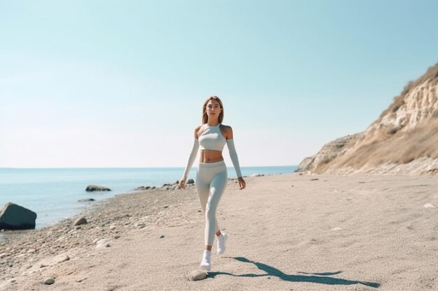 Jeune fille aux cheveux assez longs en salopette d'été blanche marchant sur une côte de la mer Copier l'IA générative