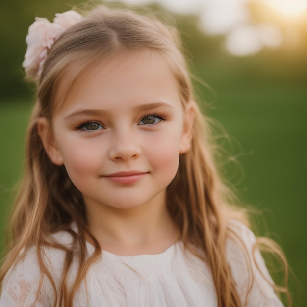 Une jeune fille aux cheveux blonds et un nœud rose sur la tête.