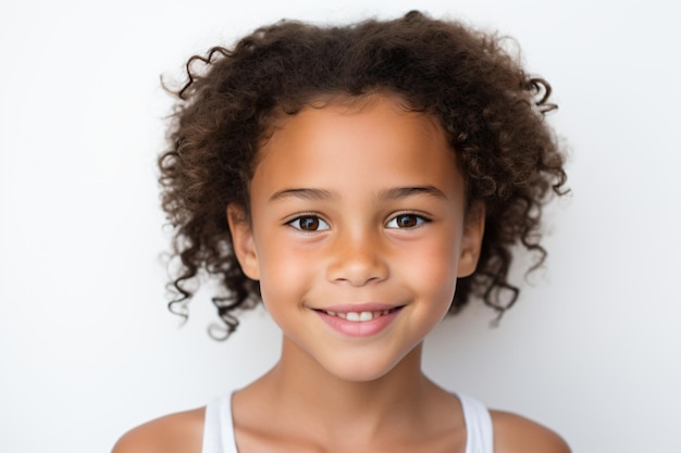 une jeune fille aux cheveux bouclés souriant à la caméra